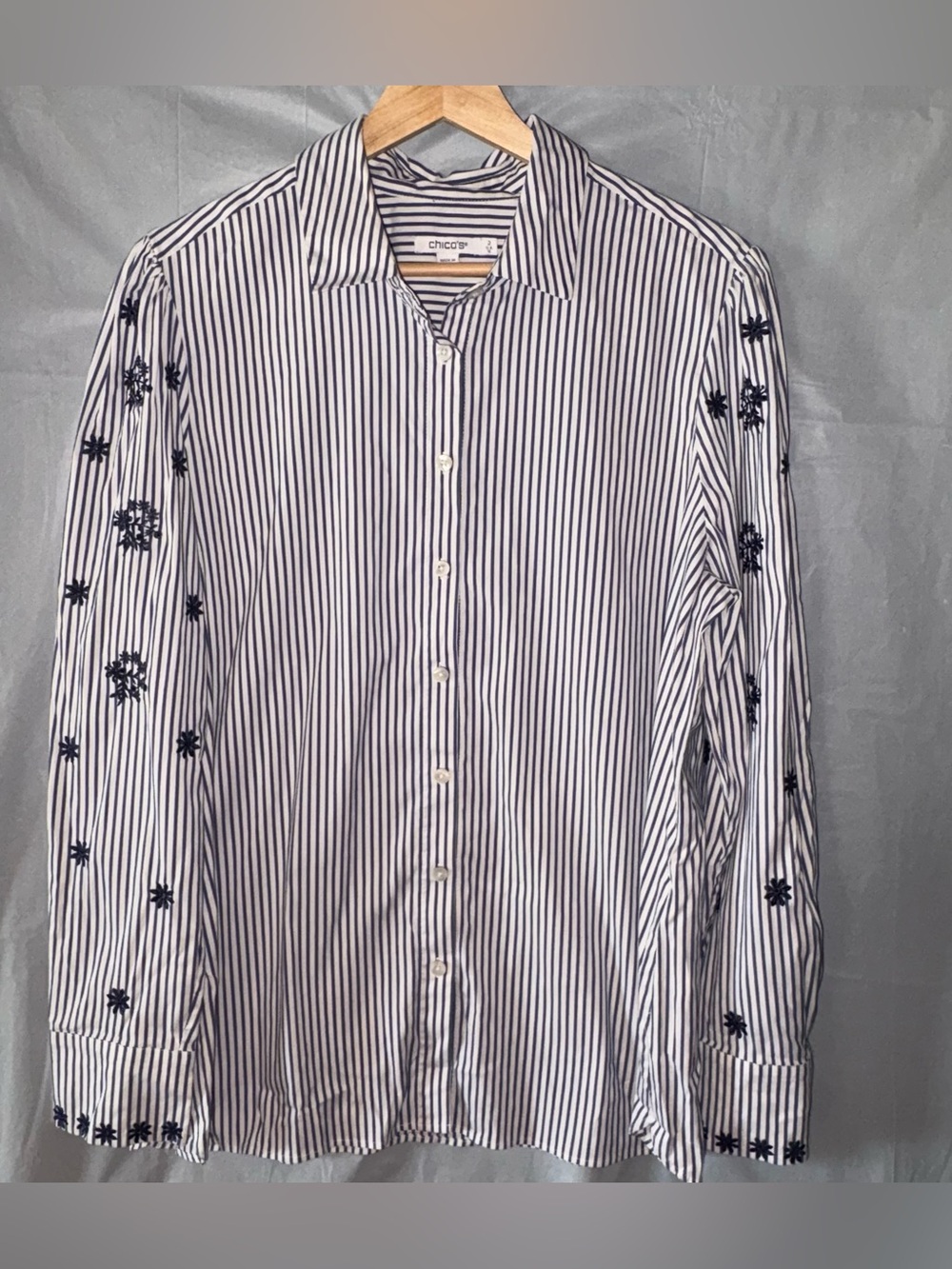 Chico's Embroidered Top Women’s Sz 12 Striped Blue White Button Front Collared